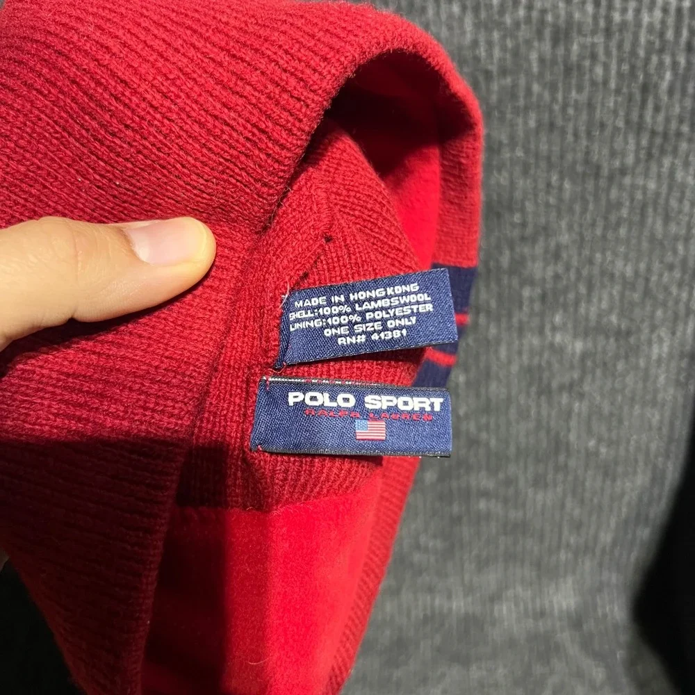 Vintage Polo Sport Beanie Mens OSFM Red Navy Blue Lambswool Fleece Lined Stripe